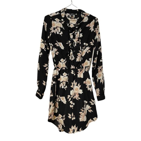 Rue 21 Lace Up Front Hi-Lo‎ Hem Floral Dress Black with Beige Roses XS - Picture 1 of 6